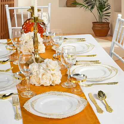 175PCS Gold Plastic Plates for 25 Guests, Disposable Dinnerware Sets Include 50 Gold Rim Plastic Plates, 25 Silverwares, 25 Cups, and 25 Pre Rolled Napkins for Party, Wedding and Graduation