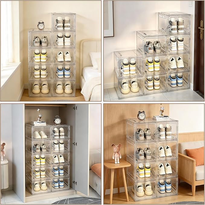 Acrylic Shoe Storage Boxes with Magnetic Door - 360° Clear Stackable Shoe Display Box Set, Plastic Shoe Cabinet Rack Box for Sneakers Heels Shoes (1, Clear, L - Front Open)