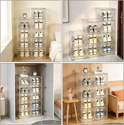 Acrylic Shoe Storage Boxes with Magnetic Door - 360° Clear Stackable Shoe Display Box Set, Plastic Shoe Cabinet Rack Box for Sneakers Heels Shoes (12, Clear, L - Front Open)