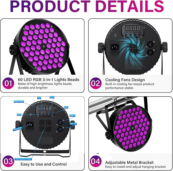 60 LED Stage Par Lights,90W RGB Stage Can Light DJ Par Lights Sound Activated Auto Play by Remote&DMX Control DJ Stage Party Lighting for Events Wedding Church Party DJ Live Show 2Pack