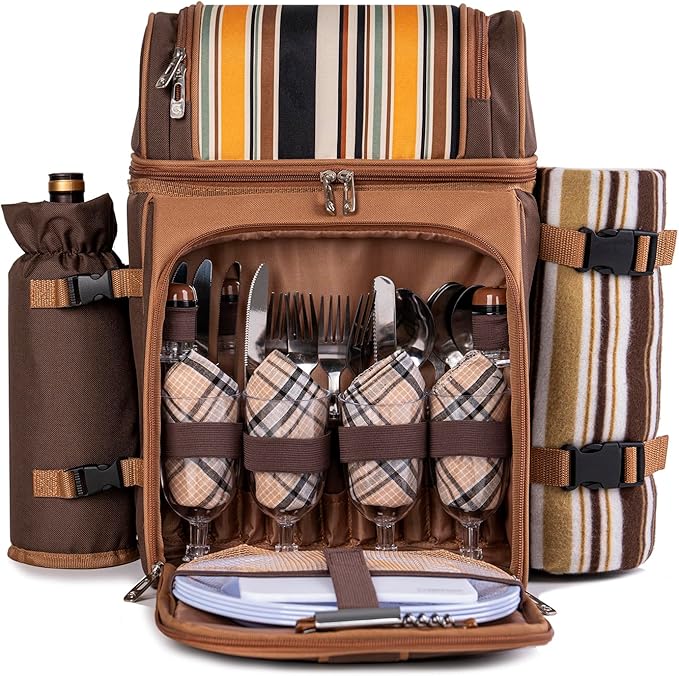 ALLCAMP Picnic Basket Backpack Cooler for 4 Person with 2 Insulated Cooler Bag, Detachable Bottle/Wine Holder, Fleece Blanket, Plates and Cutlery for Family,Couple,Friend Gatherings and Gifts (Brown)