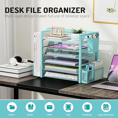 Simple Trending 6 Tier Desk File Organizer, Paper Letter Tray Organizer with File Holder and Pen Container, Blue