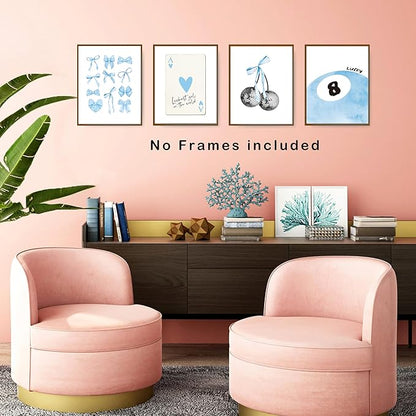 okaxscm Blue Coquette Trendy Preppy Wall Art Prints Set of 4, Coquette Room Decor, Preppy Room Decor Aesthetic, Blue Bow Disco 8 Ball Cherry Wall Decor Posters for Girls Bedroom Dorm, 8x10 Unframed