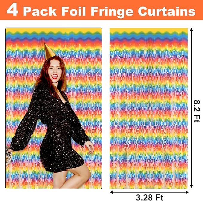 4 Pack Dark Rainbow Fringe Curtain Backdrop 3.2Ft x 8.2Ft Metallic Tinsel Foil Fringe Streamers Background for Photo Booth Mother's Day, Easter, Carnival, Birthday, Wedding Party Decoration