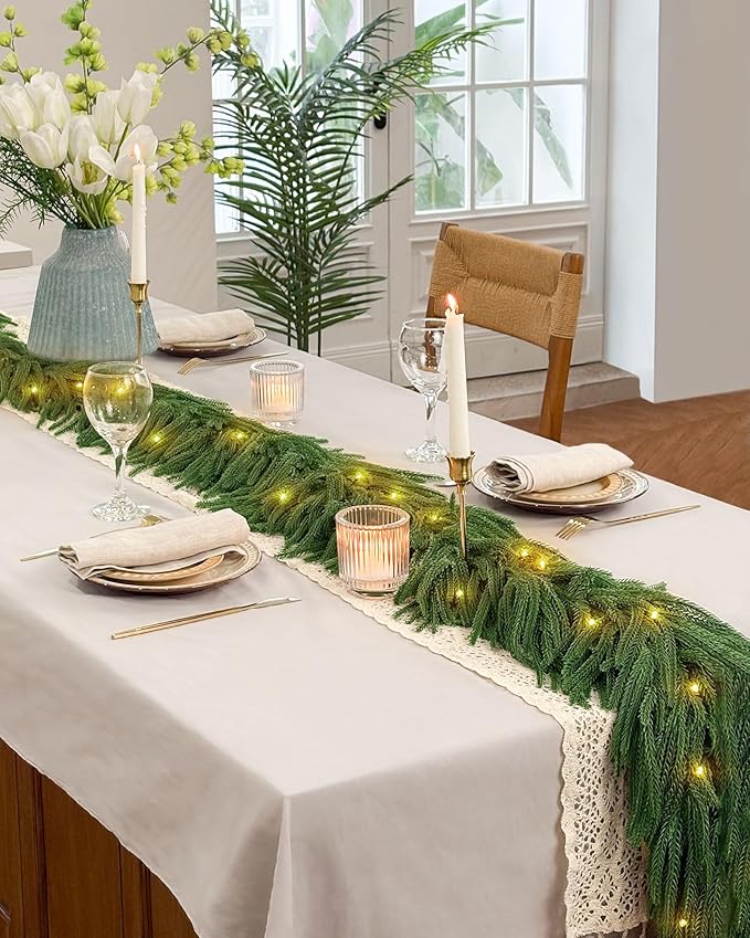6ft Christmas Garland with Lights,Thick Norfolk Pine Garland, Realistic Green Garlands for Mantle, Stair Railing, Battery Operated Indoor/Outdoor New Year Holiday Decoration with Timer