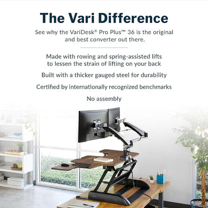 Vari VariDesk Pro Plus 36 Standing Desk Converter – 11 Height Settings + Spring Lift, 2 Tier Design, Keyboard Tray, Fits Desktops 36” Wide x 26.5" Deep – Delivers Fully Assembled (Walnut)
