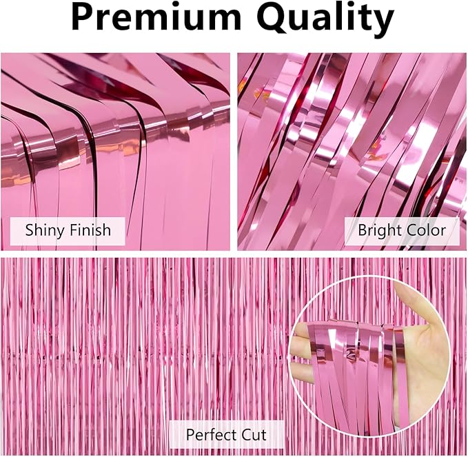 Thicken Pink Streamers 4 Pack 3.2 x 8.2 FT, Pink Birthday Decorations for Girls, Tinsel Backdrop Curtains, Foil Fringe Photo Backdrop for Bachelorette, Graduation, Baby Shower Party Decorations