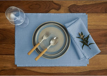 Solino Home Fringe Linen Napkins Set of 4-100% Pure Linen Dusty Chambray Blue Dinner Napkins 20 x 20 Inch for Fall, Autumn - Handcrafted and Machine Washable