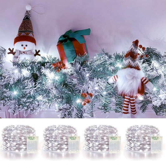 4 Pack 240LED Christmas Fairy Lights Battery Operated - 20FT Twinkle Lights with 2 Lighting Modes Indoor Outdoor, Waterproof Led Fairy String Lights for Bedroom, Classroom, Dorm, DIY Decor, Cool White