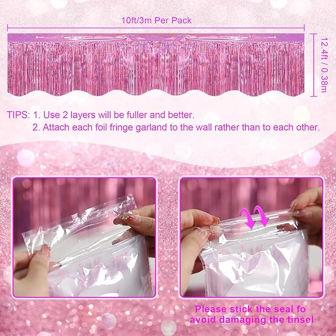 LOLStar 6 Pack Pink Foil Fringe Garland Birthday Party Decorations, 59Ft Metallic Tinsel Streamers Banner, Glitter Photo Booth Prop Table Skirt for Wedding Parade Float Gender Reveal Party Decor