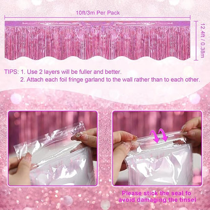 LOLStar 6 Pack Pink Foil Fringe Garland Birthday Party Decorations, 59Ft Metallic Tinsel Streamers Banner, Glitter Photo Booth Prop Table Skirt for Wedding Parade Float Gender Reveal Party Decor