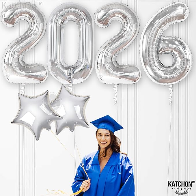 Katchon, Giant 2026 Balloons silver - 42 Inch | New Year Decorations 2026 | Star Foil Balloons for 2026 New Year Party Decorations