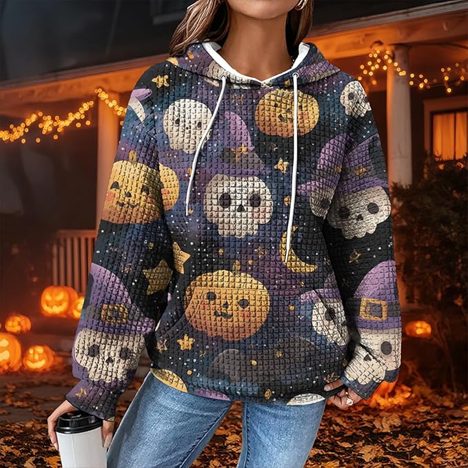 Halloween Sweatshirts for Women Novelty Graphic Drawstring Waffle Hoodies Loose Casual Pullover Tops with Pocket