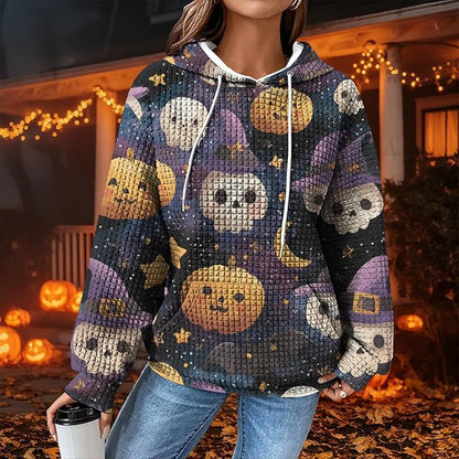 Halloween Sweatshirts for Women Novelty Graphic Drawstring Waffle Hoodies Loose Casual Pullover Tops with Pocket