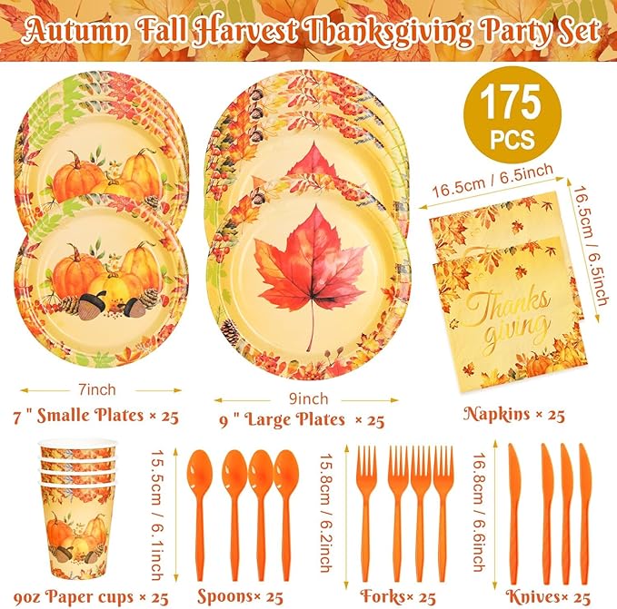 175 PCS Fall Maple Leaves Dinnerware Set Thanksgiving Party Supplies Pumpkin Tableware Include Paper Plates Cups Cutlery Napkins Autumn Harvest Disposable Dinnerware, Serve 25
