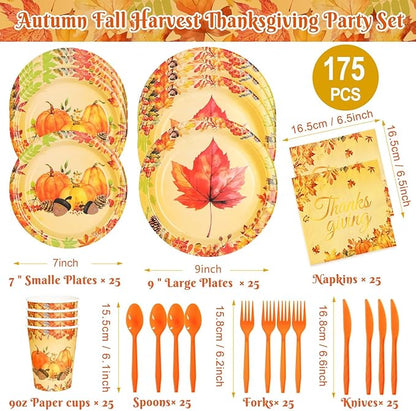175 PCS Fall Maple Leaves Dinnerware Set Thanksgiving Party Supplies Pumpkin Tableware Include Paper Plates Cups Cutlery Napkins Autumn Harvest Disposable Dinnerware, Serve 25