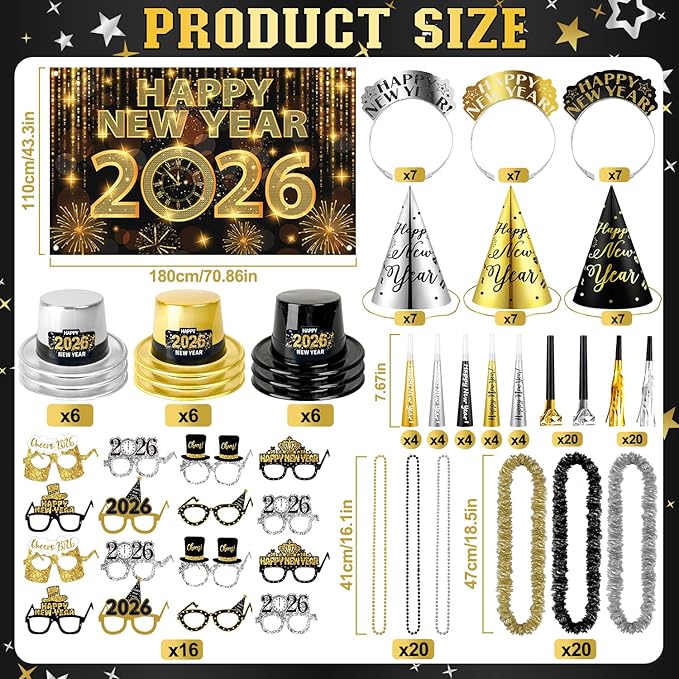 MOVINPE 2026 New Years Eve Party Supplies Bulk Serve 60 - New Year's Banner Backdrop Top Hats, Cone Hats, Tiara, Glasses, Bead Necklace, Leis, Horns, Blowouts, Noiese Makers, Event Party Favors