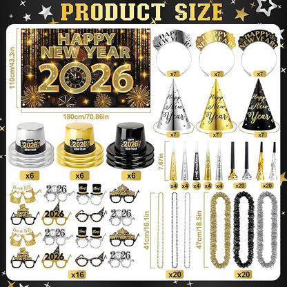 MOVINPE 2026 New Years Eve Party Supplies Bulk Serve 60 - New Year's Banner Backdrop Top Hats, Cone Hats, Tiara, Glasses, Bead Necklace, Leis, Horns, Blowouts, Noiese Makers, Event Party Favors