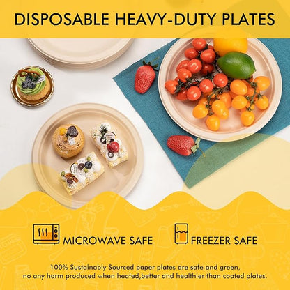 RACETOP Compostable Paper Plates 7 Inch [125 Pack], Disposable Biodegradable Heavy Duty Paper Plates, Made of Natural Sugarcane Fibers, Unbleached Brown, Round