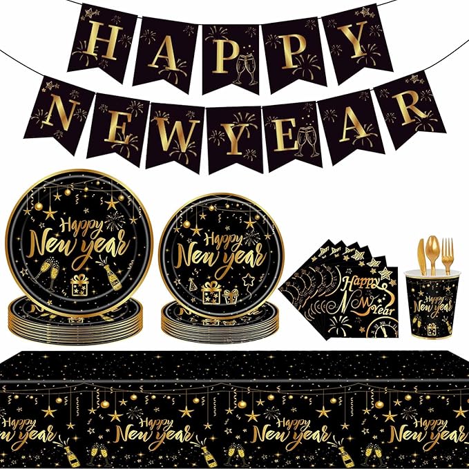 170 Pcs Happy New Year Disposable Tableware Set 2026 Happy New Year Eve Party Supplies, Disposable Tablecloth, Paper Cup, Plates for 24 Guests 2026 NYE Dinner Supplies, Black, Gold