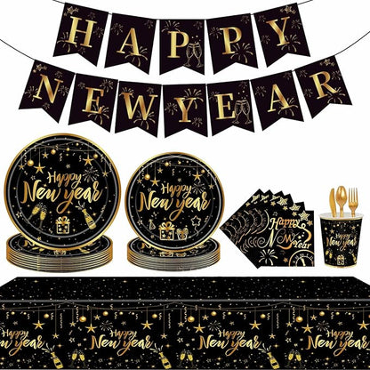 170 Pcs Happy New Year Disposable Tableware Set 2026 Happy New Year Eve Party Supplies, Disposable Tablecloth, Paper Cup, Plates for 24 Guests 2026 NYE Dinner Supplies, Black, Gold