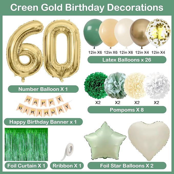 Sage Green 60th Birthday Decorations for Men Gold Number 60 Balloon Nude Gold Happy Birthday Banner Fringe Curtain Paper Pom Poms Olive Green Cream White Sand Star Foil Balloons Party Decor