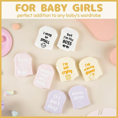 InnoBeta Baby Socks Set with Funny Quotes (4 Pairs) Newborn/Infant Socks for Baby Shower, Gender Reveal 3-12 Months