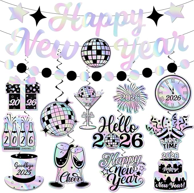 Iridescent New Years Decorations, Disco New Years Party Decorations 2026 includes Iridescent Happy New Year Banner and Disco Hanging Swirls, New Year Hanging Swirls for Indoor Outdoor Classroom Office