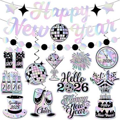 Iridescent New Years Decorations, Disco New Years Party Decorations 2026 includes Iridescent Happy New Year Banner and Disco Hanging Swirls, New Year Hanging Swirls for Indoor Outdoor Classroom Office