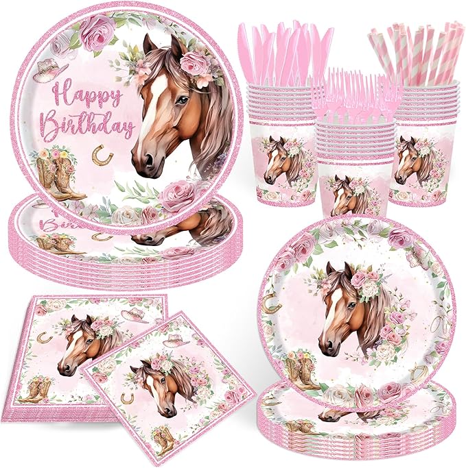 168Pcs Horse Party Supplies Cowgirl Horse Birthday Plates and Napkins Cups Disposable Tableware for Pink Wastern Girls Birthday Baby Shower Cowgirl Party Decorations, Serves 24 Guests