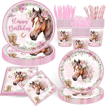 168Pcs Horse Party Supplies Cowgirl Horse Birthday Plates and Napkins Cups Disposable Tableware for Pink Wastern Girls Birthday Baby Shower Cowgirl Party Decorations, Serves 24 Guests