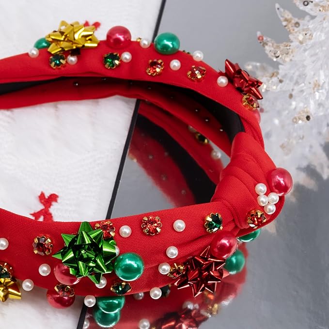 pVq Christmas Headband for Women Knotted Headband with Christmas Tree Crystal Pearl Snowflake Ribbon Xmas Holiday Hairband (Pearl Flower - Red, One Size)
