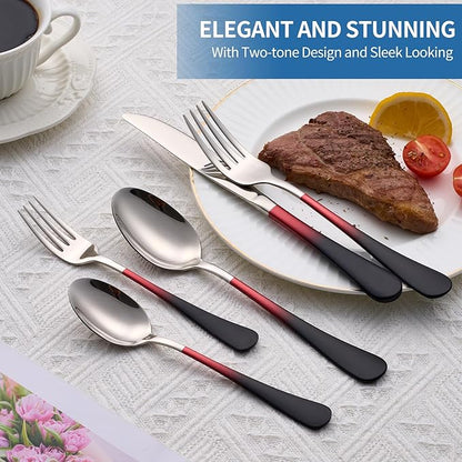 20-Piece Black Red Silverware Set, 18/0 Stainless Steel Colorful Handle Flatware Set,Service for 4,Modern Cutlery Set Includes Dinner Knives Forks Spoons,Mirror Polished,Dishwasher Safe