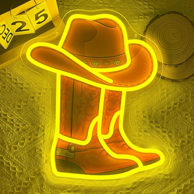 Cowboy Boot Neon Sign Cowboy Hat Neon Light 15.2”x13” Yellow Cowboy LED Sign for Wall Decor Dimmable Western Light Up Signs for Bedroom Game Room Man Cave Presents for Birthday Party Rodeo Enthusiast