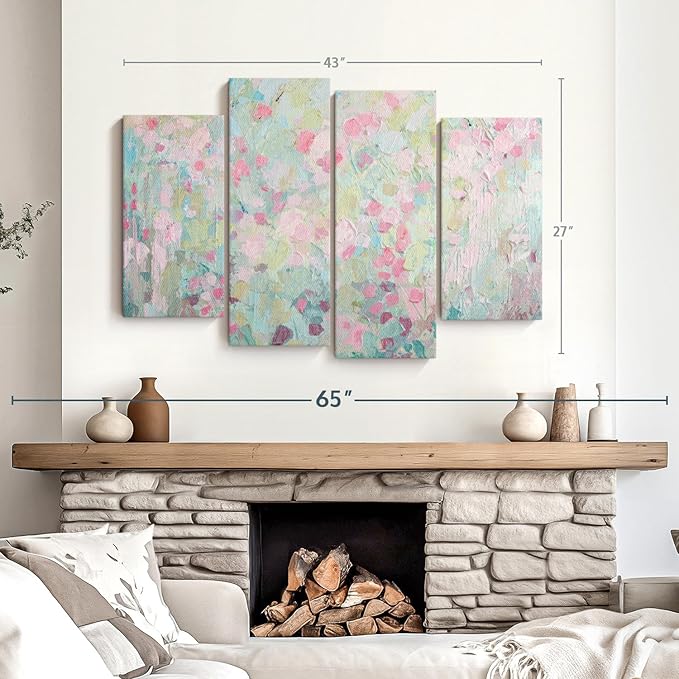 Elephant Stock Dancing Sakura Tree Wall Art - Horizontal Canvas - 4-Piece Living Room Wall Decor - Painting Abstract Canvas Print - Pink and Blue Decor for Wall by Ann Marie Coolick - 43" X 27"