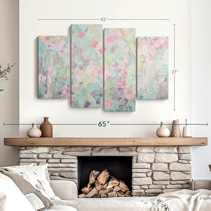Elephant Stock Dancing Sakura Tree Wall Art - Horizontal Canvas - 4-Piece Living Room Wall Decor - Painting Abstract Canvas Print - Pink and Blue Decor for Wall by Ann Marie Coolick - 43" X 27"