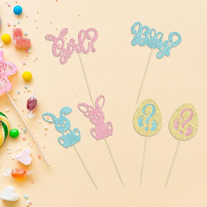 24pcs Gender Reveal Cupcake Toppers - Blue Pink Glitter Bunny Egg Cake Picks - Happy Easter Cake Decorations - Bunny Easter Theme Spring Theme Babyshower Birthday Party Decorations