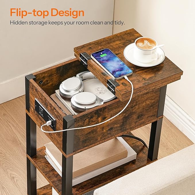 HOOBRO End Table with Charging Station, Flip Top Side Table with USB Ports, Narrow Nightstand Bedside Tables with Storage Shelves, for Small Space, Living Room, Rustic Brown and Black BF141UBZ01
