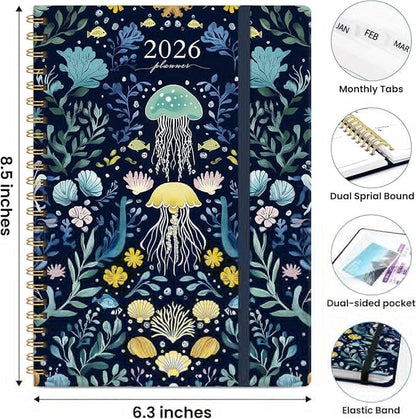 2026 Planner, Weekly and Monthly Planner for Women, Jan 2026 - Dec 2026 Pretty 2026 Calendar Planner with Monthly Tabs, Inner Pocket, Spiral Binding, Perfect for Office Home School - 6.3" x 8.5", Jellyfish Drift