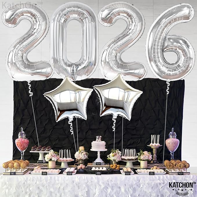 Katchon, Giant 2026 Balloons silver - 42 Inch | New Year Decorations 2026 | Star Foil Balloons for 2026 New Year Party Decorations