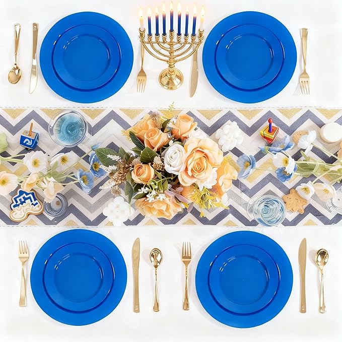 I00000 102 Pcs Hanukkah Plastic Plates, Hanukkah Plates Disposable Blue Party Plates Include 51 Blue Dinner Plate 10’’ and 51 Plastic Dessert Plate 7’’ Perfect for Hanukkah, Party