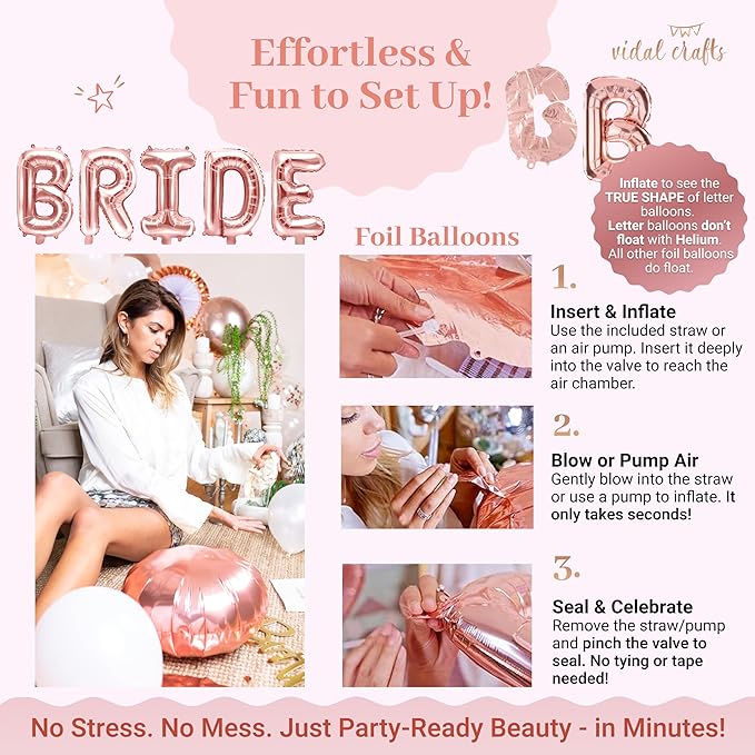 VIDAL CRAFTS 62-Piece Rose Gold Bridal Shower Decorations – Bachelorette Party Decor with Confetti Balloons, Bride-to-Be Banner, Bridal Veil, Fringe Curtains, Bride Sash & Fun Photo Props [UPGRADED]