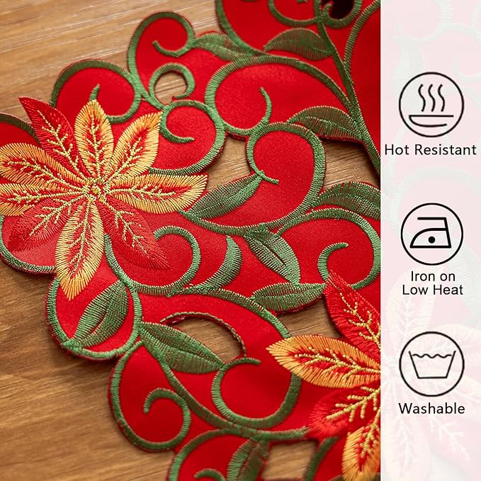 Joyfol Day Christmas Red Flowers Table Runner 14 x 33 Inch, Cutwork Embroidered Florals Table Runners, for Xmas Holiday Winter Festival Kitchen Dining Tabletop Decoration
