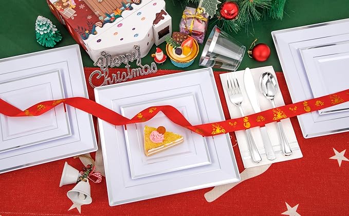 Festiva 350Pcs Silver Plates - Silver Square Plastic Plates 9 .5" and 6" - serve for 50 guests include 50 Cups 50Plastic Cutlery 50Hand Napkins Perfect for Party&Wedding&Birthday&Christmas