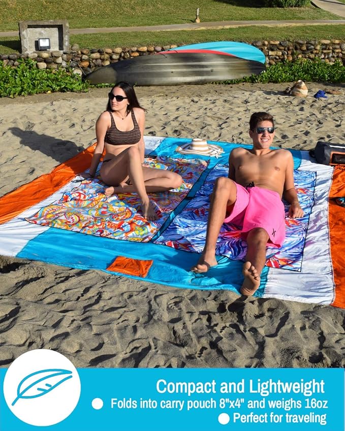 ECCOSOPHY Sandproof Beach Blanket - Oversized Sand Free Beach Mat 9'x10' - Lightweight Outdoor Picnic Blanket Anchored with 4 Corner Sand Pockets & Plastic Stakes - Heat Proof, Quick Drying & Compact