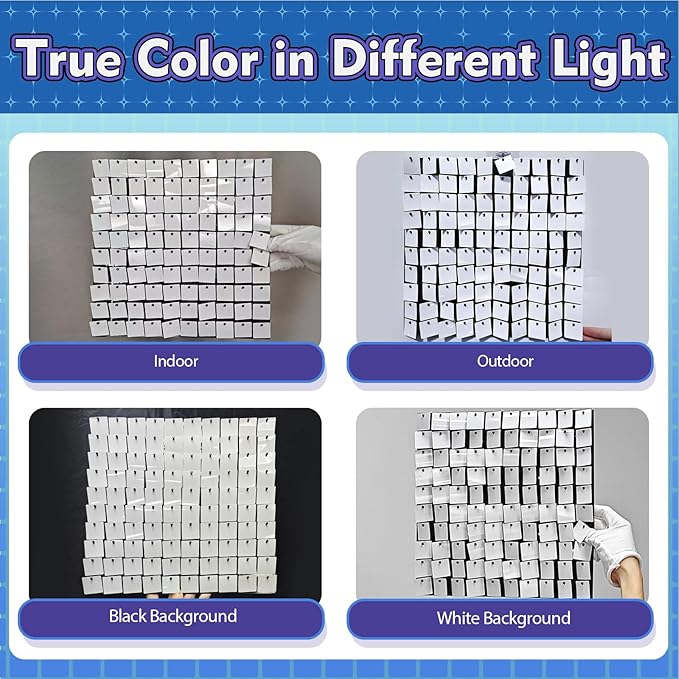 Qcity Mirror White Sequin Wall Backdrop 36PCS, Black Back Not See-Through Design, Square Sequin Glitter Backdrop Panel, Perfect for Outdoor Events, Birthdays, Wedding and Party Decoration