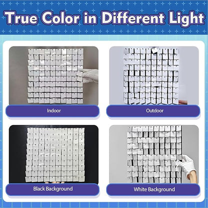 Qcity Mirror White Sequin Wall Backdrop 36PCS, Black Back Not See-Through Design, Square Sequin Glitter Backdrop Panel, Perfect for Outdoor Events, Birthdays, Wedding and Party Decoration