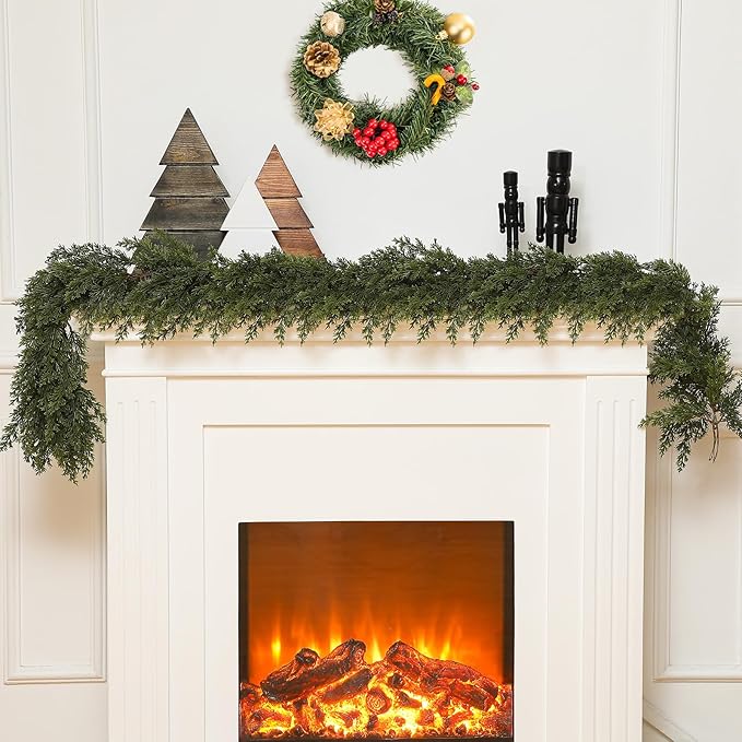 Jutom 2 Pcs 6 ft Thick Christmas Cedar Garland Artificial Realistic Soft and Flexible Full Faux Green Cedar Pine Garland for Home Indoor Xmas Holiday Mantle Fireplace Party Decoration