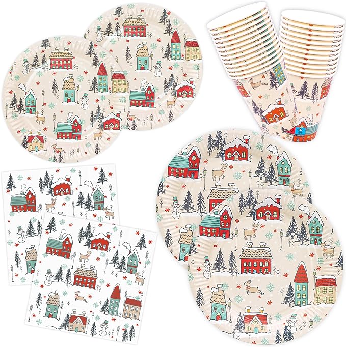 YY 100 Christmas Party Paper Plates Napkins and Cups Set Xmas Village Disposable Dinnerware Set