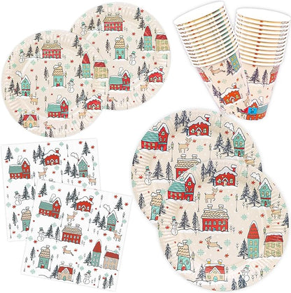 YY 100 Christmas Party Paper Plates Napkins and Cups Set Xmas Village Disposable Dinnerware Set
